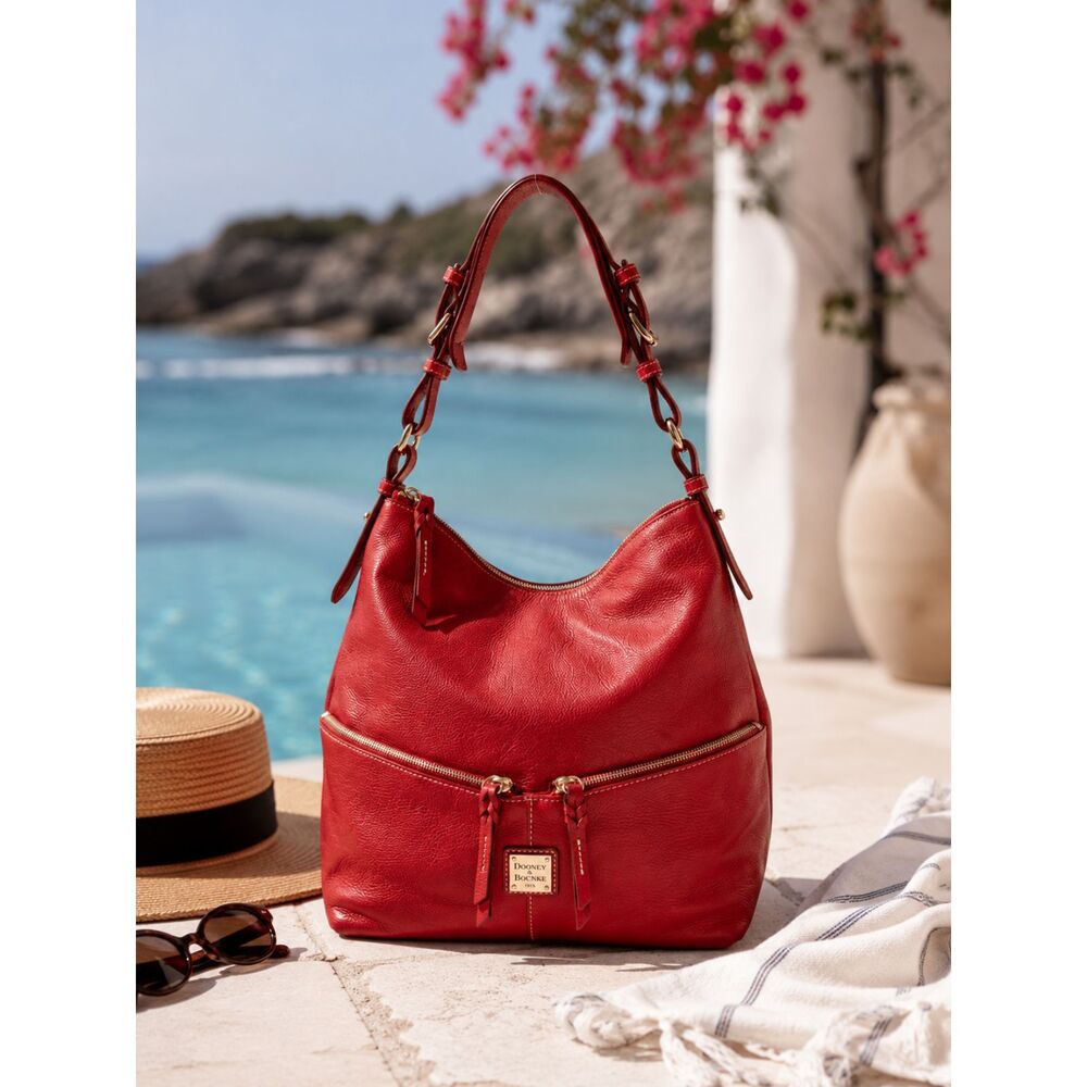 Dooney & Bourke Dillen Red Pebble Leather Double Front Zip Pocket Sac Hobo Bag